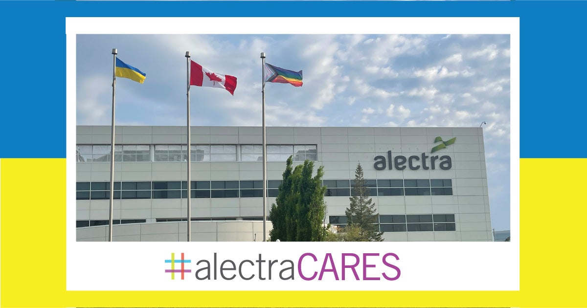 image of Alectra office building with the #alectraCARES logo below it and the Ukraine flag colours in the background