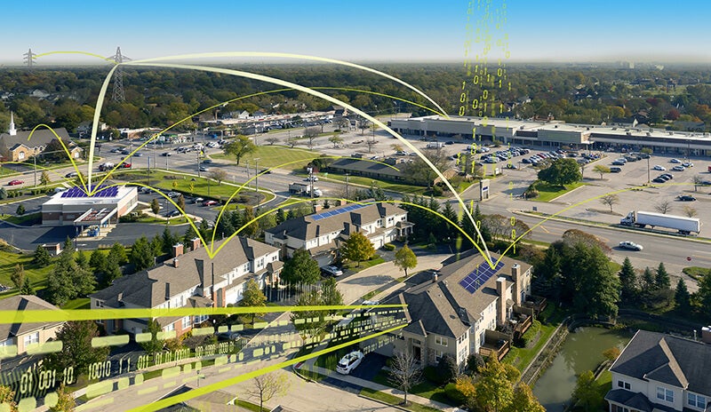Sub-urban residential landscape with graphical overlay to imply exchange of energy